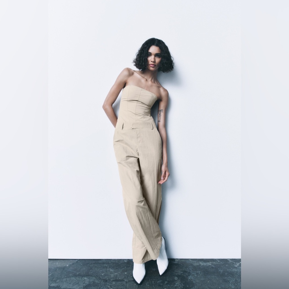 ZARA WOMEN BEIGE STRAPLESS POLYAMIDE WIDE LEG JUMPSUIT NWOT small